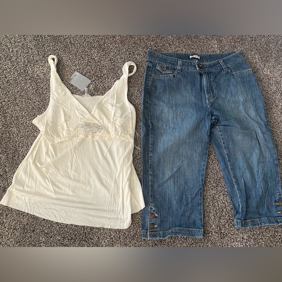Lee Jeans 14 Capri Blue Denim NWT Metro XL Tank Blouse Embellished Outfit Lot - Picture 1 of 16
